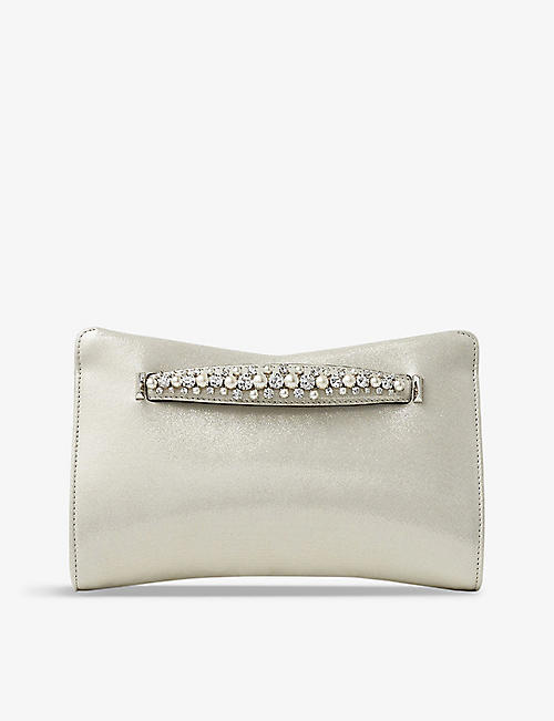 JIMMY CHOO: Venus faux-pearl and crystal-embellished shimmer-suede clutch bag