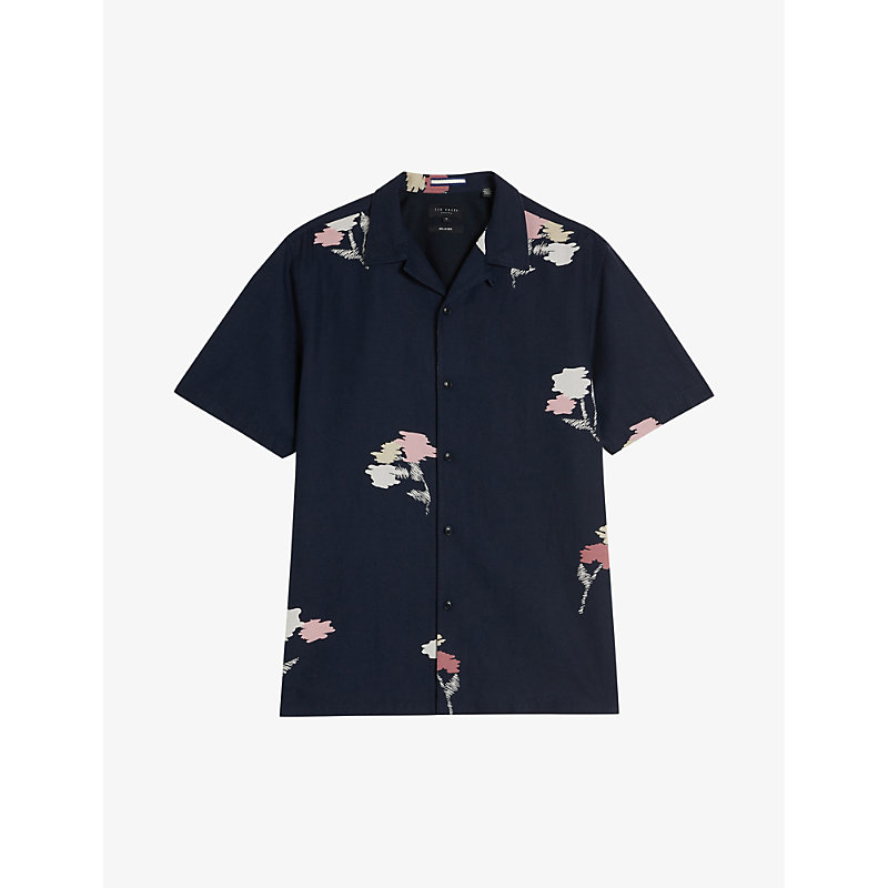 Ted Baker Neele Short Sleeve Abstract Floral Shirt In Navy