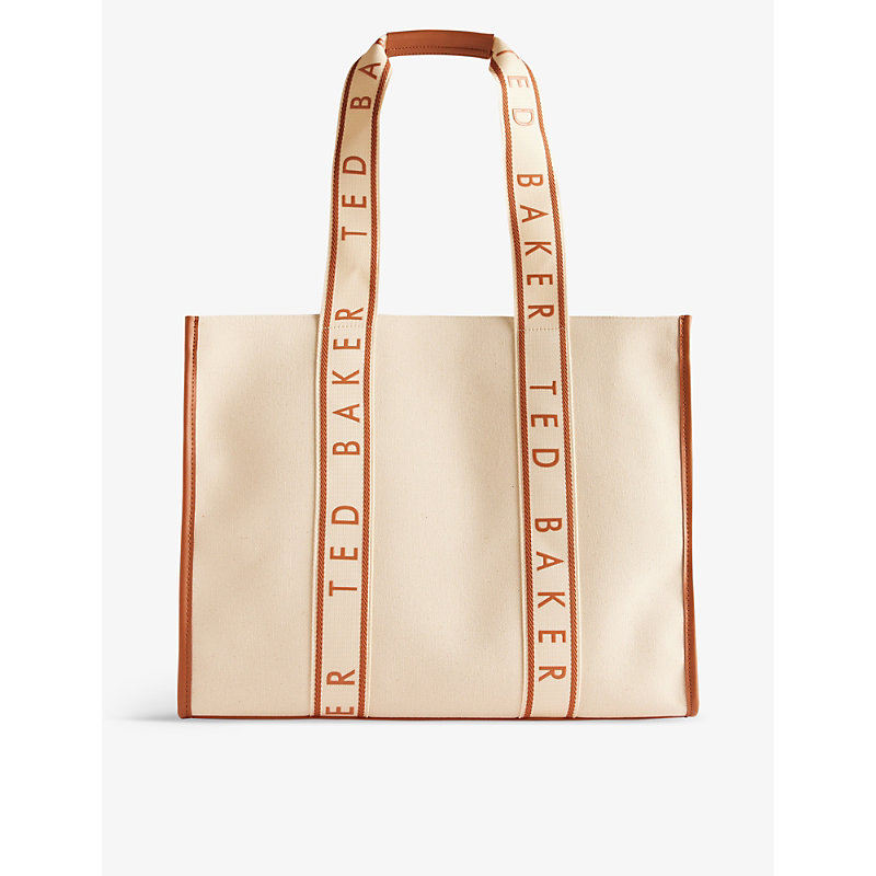 Ted Baker Womens Natural Georjey Branded-strap Cotton-canvas Tote Bag In Brown