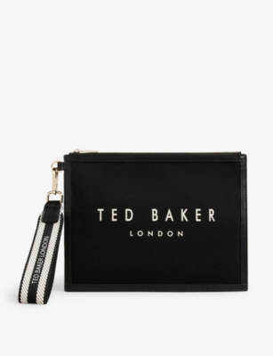 Ted Baker Black Vivtora Logo print Leather trim Canvas Clutch Bag ModeSens