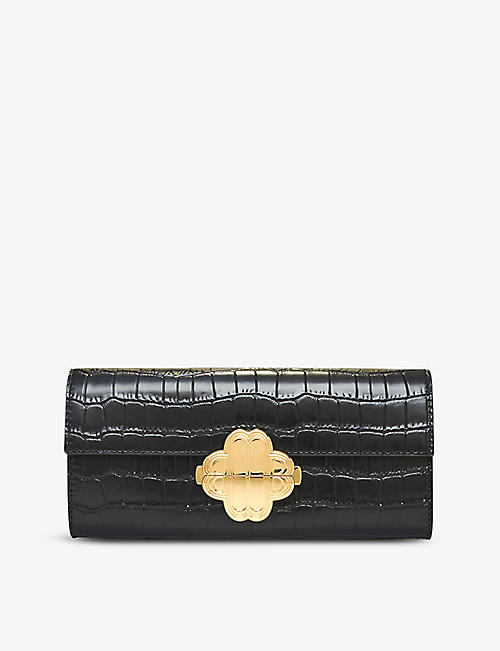 MAJE: Clover-clasp croc-embossed leather clutch bag