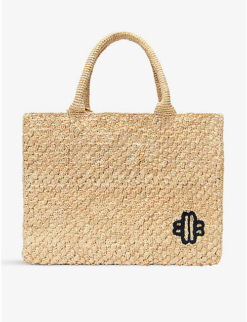 MAJE: Logo-embroidered raffia tote bag