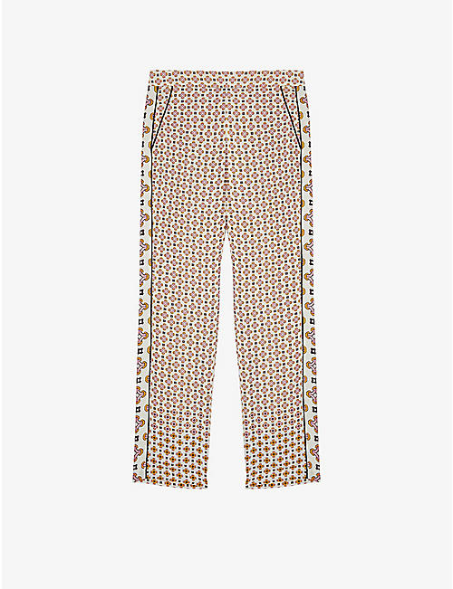 MAJE: Pigeo geometric-print straight-leg mid-rise satin trousers