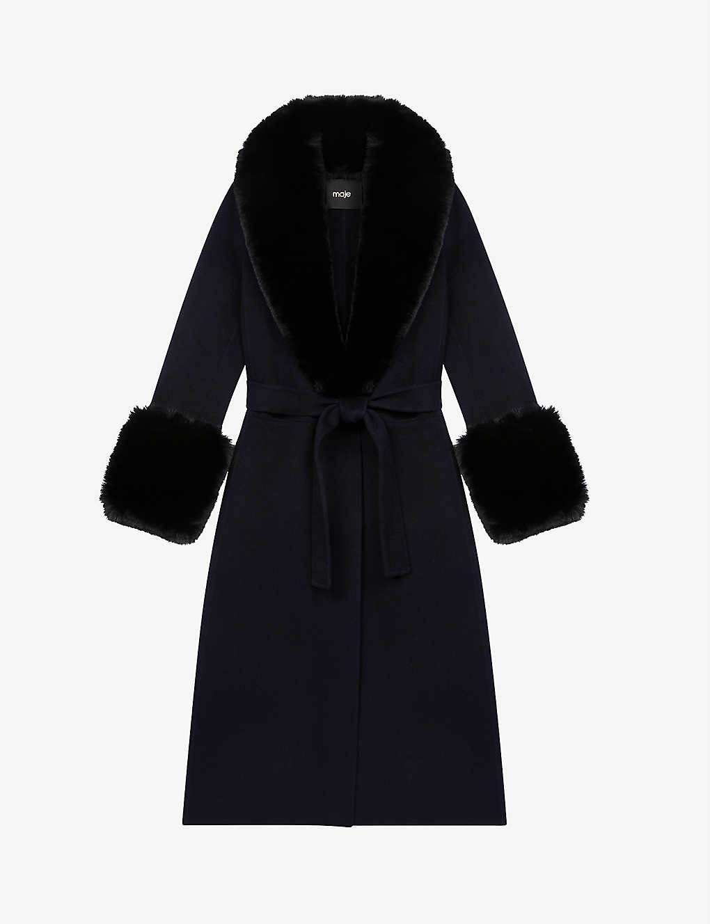 Shop Maje Womens Bleus Galaxyra Faux Fur-collar Wool-blend Coat In Blue