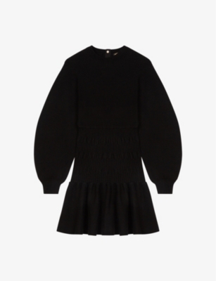 Maje Rondy Ruffled-hem Balloon-sleeved Stretch-knit Mini Dress In Noir / Gris