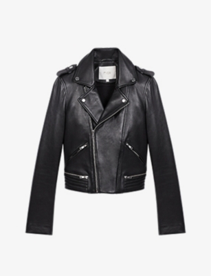 Shop Maje Womens Noir / Gris Basal Zip-detail Leather Biker Jacket