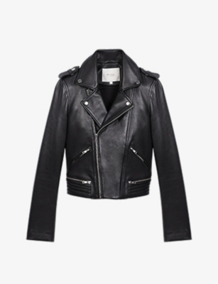 Shop Maje Women's Noir / Gris Basal Zip-detail Leather Biker Jacket