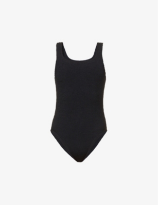 HUNZA G: Square-neck crinkle-textured swimsuit