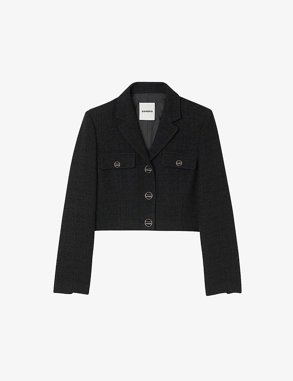 Sandro Womens Black Cropped Tweed Jacket In Noir / Gris