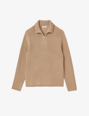Sandro Zip-neck Loose-fit Trucker Wool Jumper In Naturels