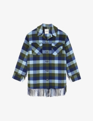 Sandro Claira Checked Fringed Wool-blend Coat In Bleus