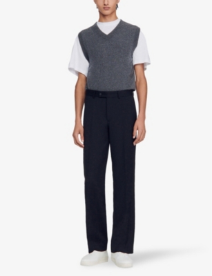 Shop Sandro Men's Noir / Gris Wide-leg Wool-blend Trousers In Black