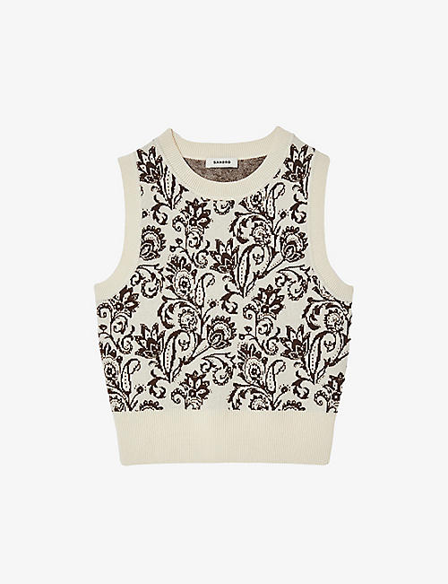 SANDRO: Brown floral-jacquard wool and cashmere-knit vest