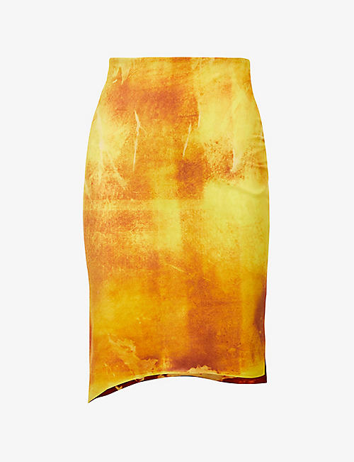 GABRIELA COLL G: Abstract-print asymmetric-hem upcycled leather skirt