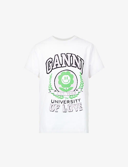 GANNI：University of Love 图案印花有机棉平纹针织 T 恤
