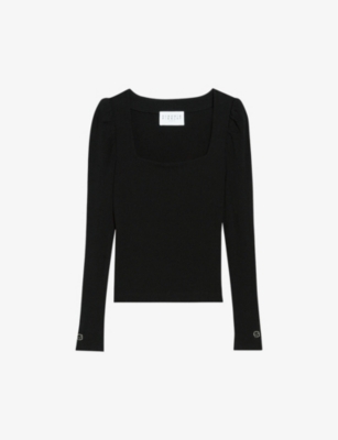Claudie Pierlot Tumi Square-neck Stretch-knit Top In Noir / Gris