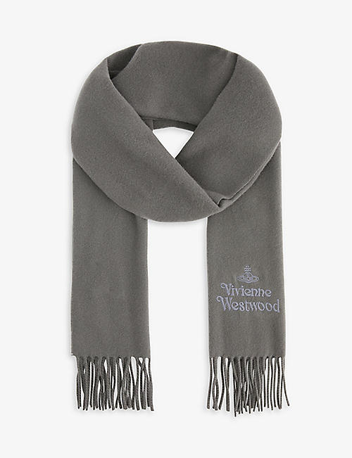 Mens Accessories Scarves and mufflers for Men Blue Alexander McQueen Logo-embroidered Fringed Wool-blend Scarf in Navy 
