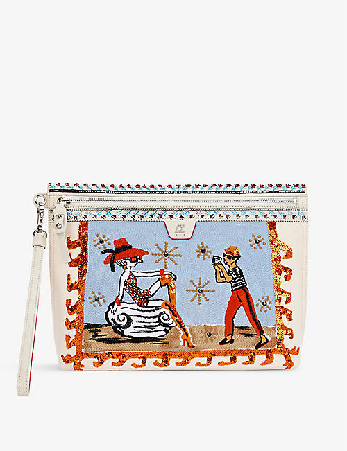 CHRISTIAN LOUBOUTIN: City sequin-embroidered cotton and leather clutch bag