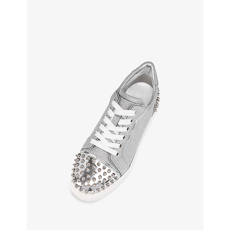Shop Christian Louboutin Vieira 2 Spikes Glittered Leather Trainers In Silver