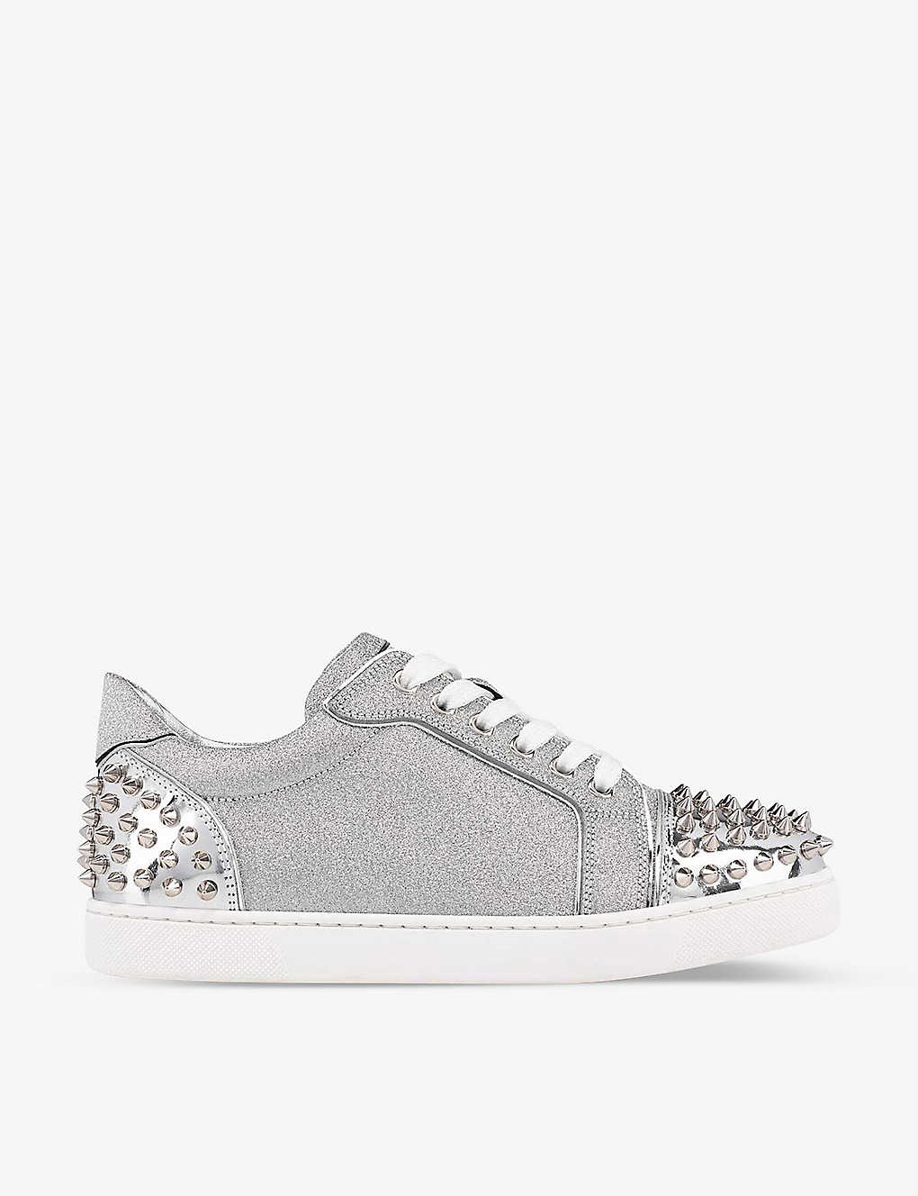 Shop Christian Louboutin Womens Silver/silver Vieira 2 Spikes Glittered Leather Trainers