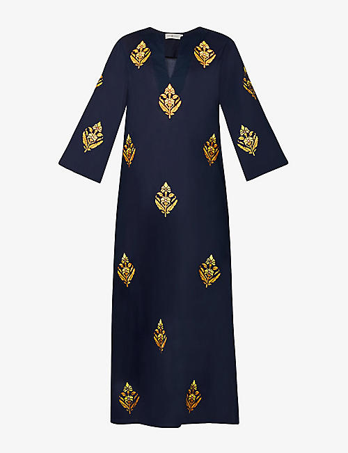 TORY BURCH: V-neck embroidered cotton caftan