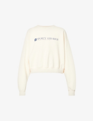 Sporty And Rich 94 Cropped Cotton-jersey Sweatshirt In Cream Navy