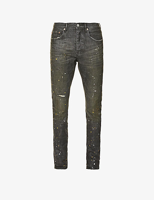 PURPLE DENIM: Paint-splatter slim-fit low-rise stretch-denim jeans