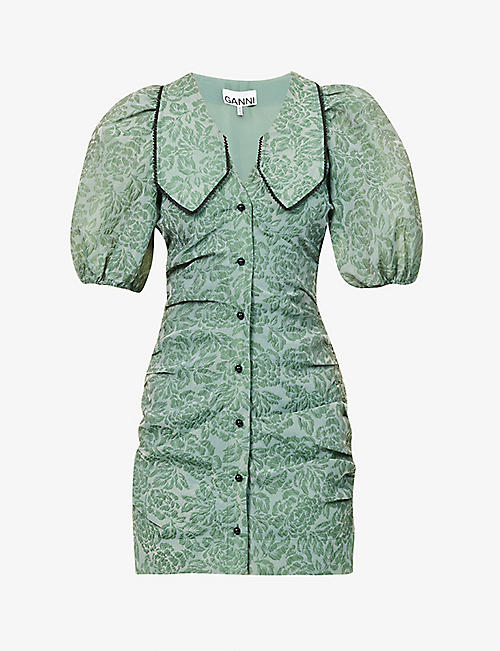GANNI: Puff-sleeve jacquard-pattern organza mini dress