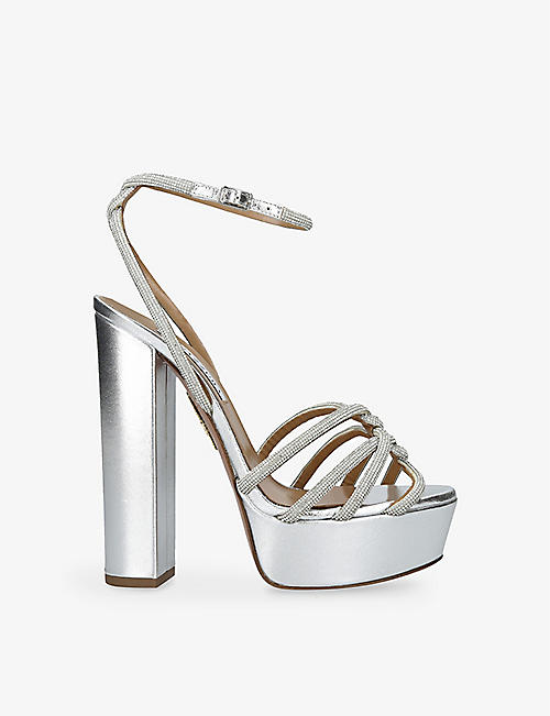 AQUAZZURA: Moondust crystal-embellished leather platform heeled sandals