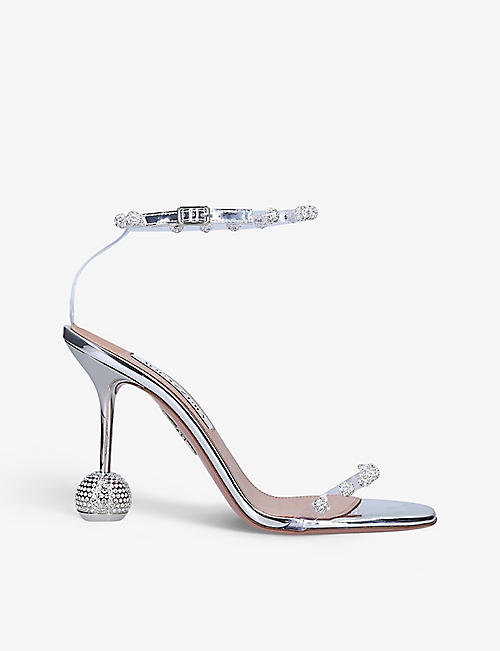 AQUAZZURA: Secrets crystal-embellished mirrored-leather and PVC heeled sandals