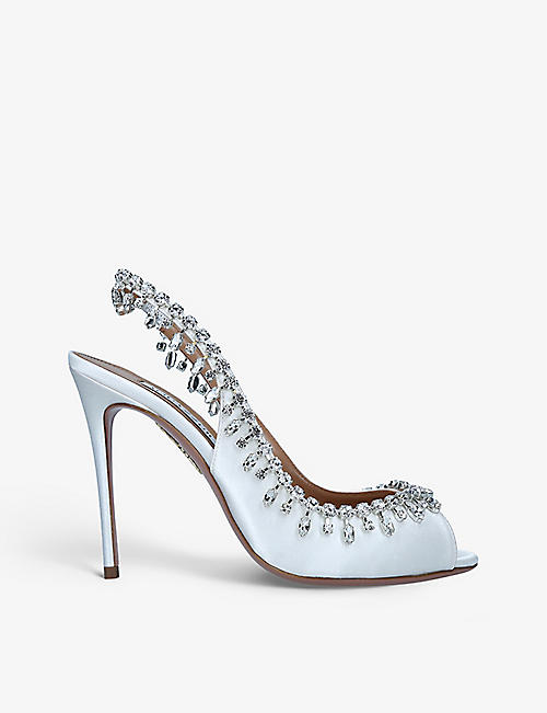 AQUAZZURA: Temptation crystal-embellished satin heeled sandals