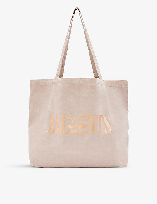 ALLSAINTS: Oppose metallic logo-print cotton-canvas tote bag