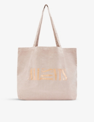 ALLSAINTS Oppose metallic logo-print cotton-canvas tote bag