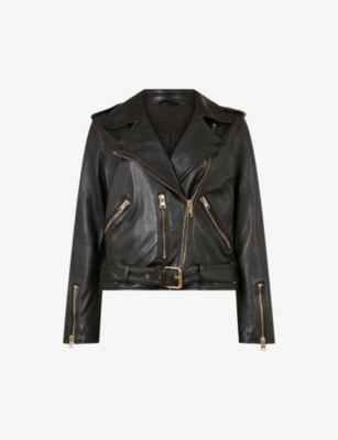 Shop Allsaints Women's Black/gold Dalby Gold-tone Hardware Leather Biker Jacket