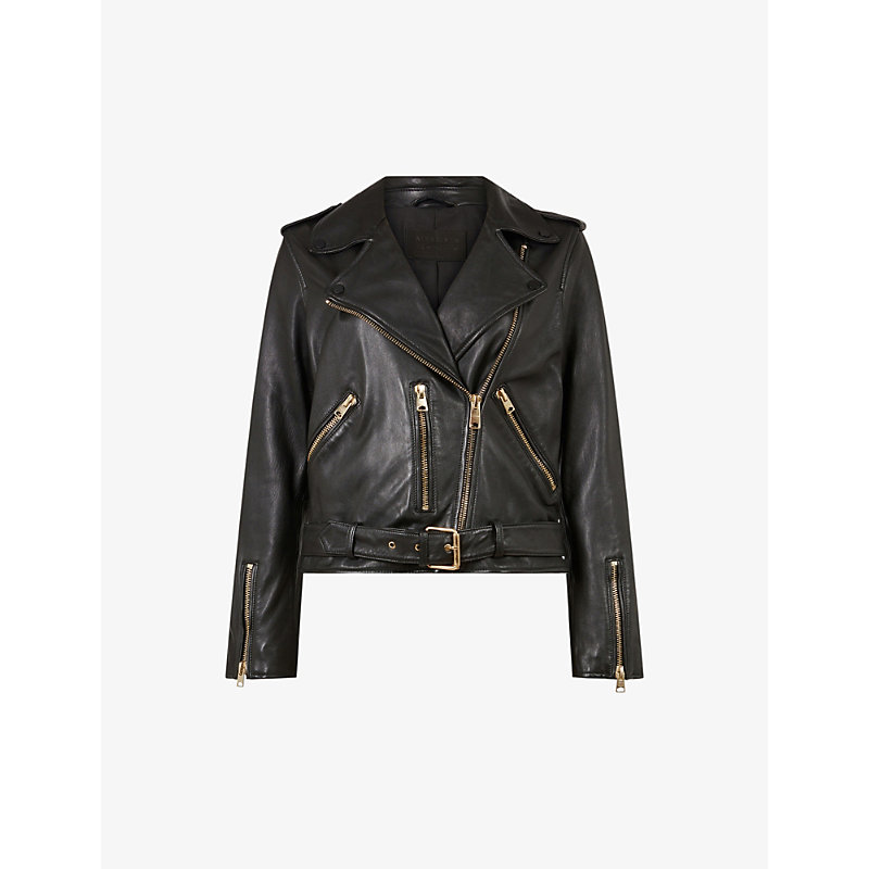 Shop Allsaints Women's Black/gold Dalby Gold-tone Hardware Leather Biker Jacket