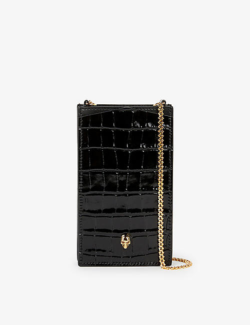 ALEXANDER MCQUEEN: Skull-embellished croc-embossed leather phone case on chain