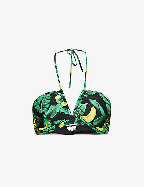 GANNI: Graphic-print V-neck stretch-recycled polyamide bikini top