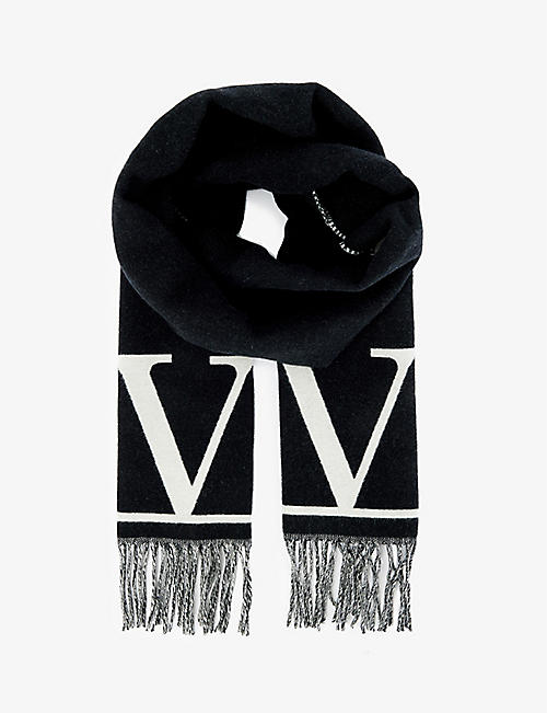 VALENTINO GARAVANI: Brand-print fringed wool and cashmere-blend scarf