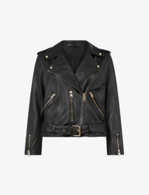 Allsaints Womens Black Balfern Stud-embellished Belted-hem Leather Jacket In Black/gold