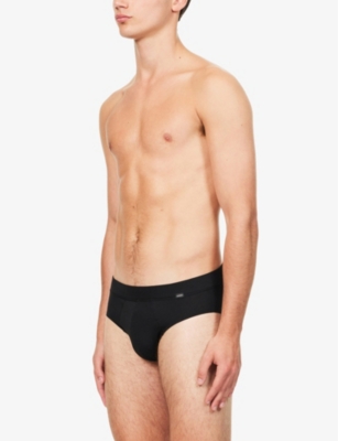 Shop Hanro Mens Deep Black Logo Stretch-jersey Briefs