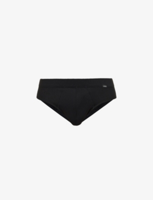 Shop Hanro Mens Deep Black Logo Stretch-jersey Briefs