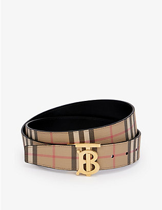 BURBERRY: Checked reversible woven-blend and leather belt