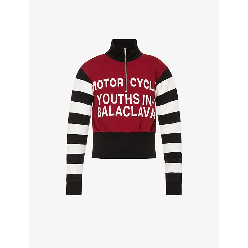 YOUTHS IN BALACLAVA YOUTHS IN BALACLAVA MEN'S DARK RED MOTORCYCLE RACE CREW BRAND-PRINT FUNNEL-NECK COTTON-JERSEY SWEATS,57452082