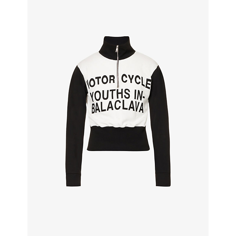 YOUTHS IN BALACLAVA YOUTHS IN BALACLAVA MEN'S OFF WHITE MOTORCYCLE RACE CREW BRAND-PRINT FUNNEL-NECK COTTON-JERSEY SWEAT,57452129