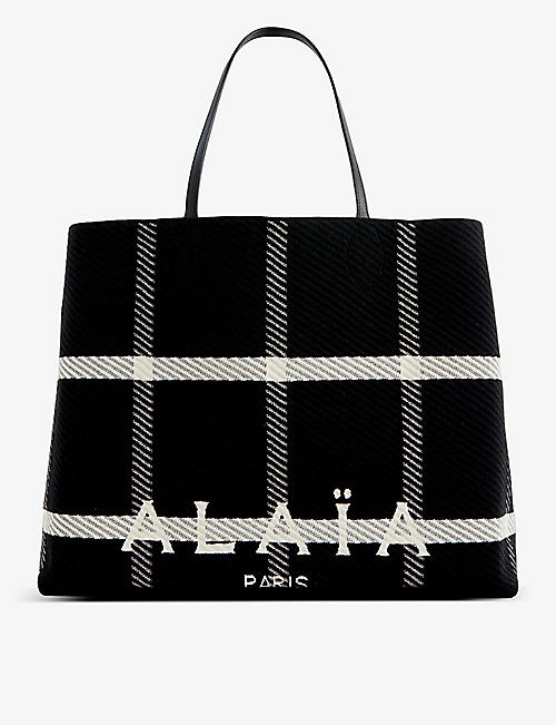 ALAIA: Brand-print checked stretch-woven and leather tote bag