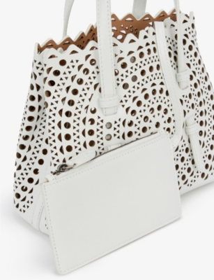 Shop Alaïa Alaia Blanc Optique Mina 20 Laser-cut Leather Tote Bag In White