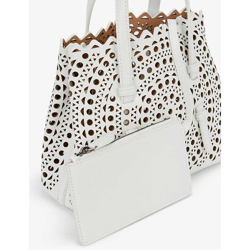 Shop Alaïa Alaia Blanc Optique Mina 20 Laser-cut Leather Tote Bag In White