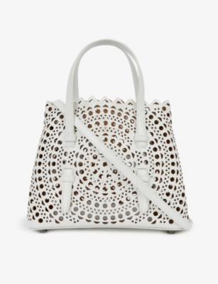 Shop Alaïa Alaia Blanc Optique Mina 20 Laser-cut Leather Tote Bag In White