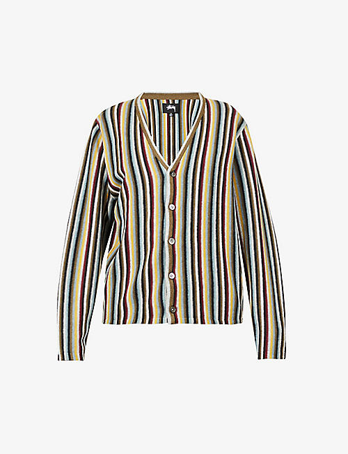 STUSSY: Striped cotton and merino wool cardigan