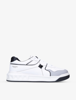 Shop Valentino Garavani Men's White/comb Roman Stud Brand-print Leather Low-top Trainers